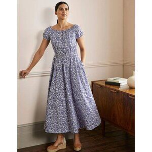 Boden Dress Womens Petite 6 Blue White Floral Smocked Midi Puff Sleeve Pockets